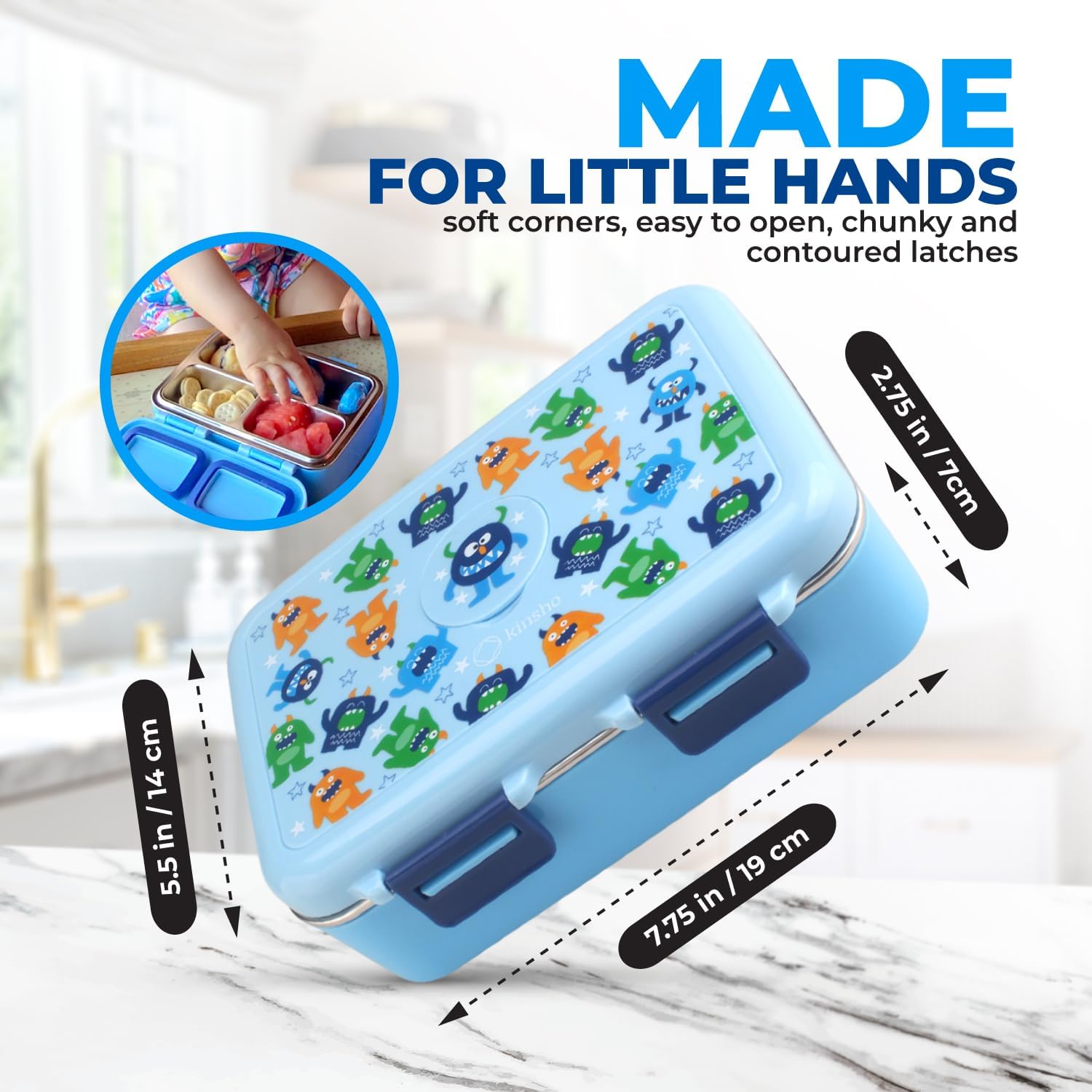 Stainless Steel Lunch Box for Baby Toddlers Boys, Mini Bento, 3 Eco Metal Portion Sections Leakproof Lid, Pre-School Daycare Lunches, Kids Spill-Proof Snack Container, 18 oz/ 550 mL Blue Cute Monster