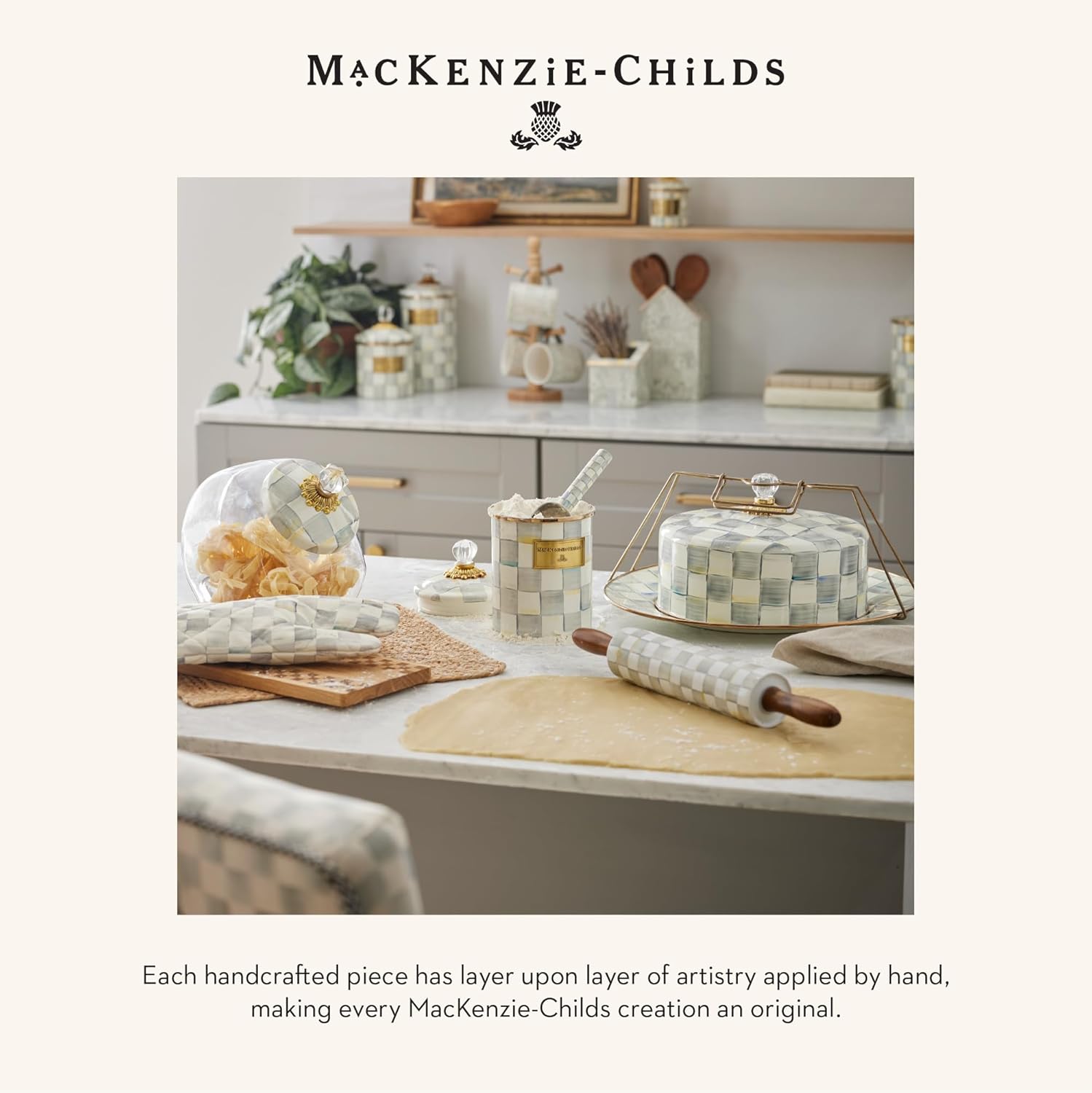 MACKENZIE-CHILDS Enamel Creamer, Creamer Dispenser with Pour Spout, Kitchen Enamelware, 14-Ounce Capacity, Gray-and-White Sterling Check