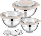 E-far Mixing Bowls with Lids and Graters, Stainless Steel Salad Mixing Bowl with Transparent Lid Set of 3, Metal Nesting Salad Storage for Kitchen Prepping/Serving/Baking, 4.6/2.6/1.5QT - Khaki