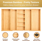 Umilife Extra Large Expandable Kitchen Drawer Organizer for Utensil and Junk, 19" Deep for Big Drawer, 19" to 33" Adjustable Bamboo Wood Drawer Divider, Cutlery Tray, Flatware Holder