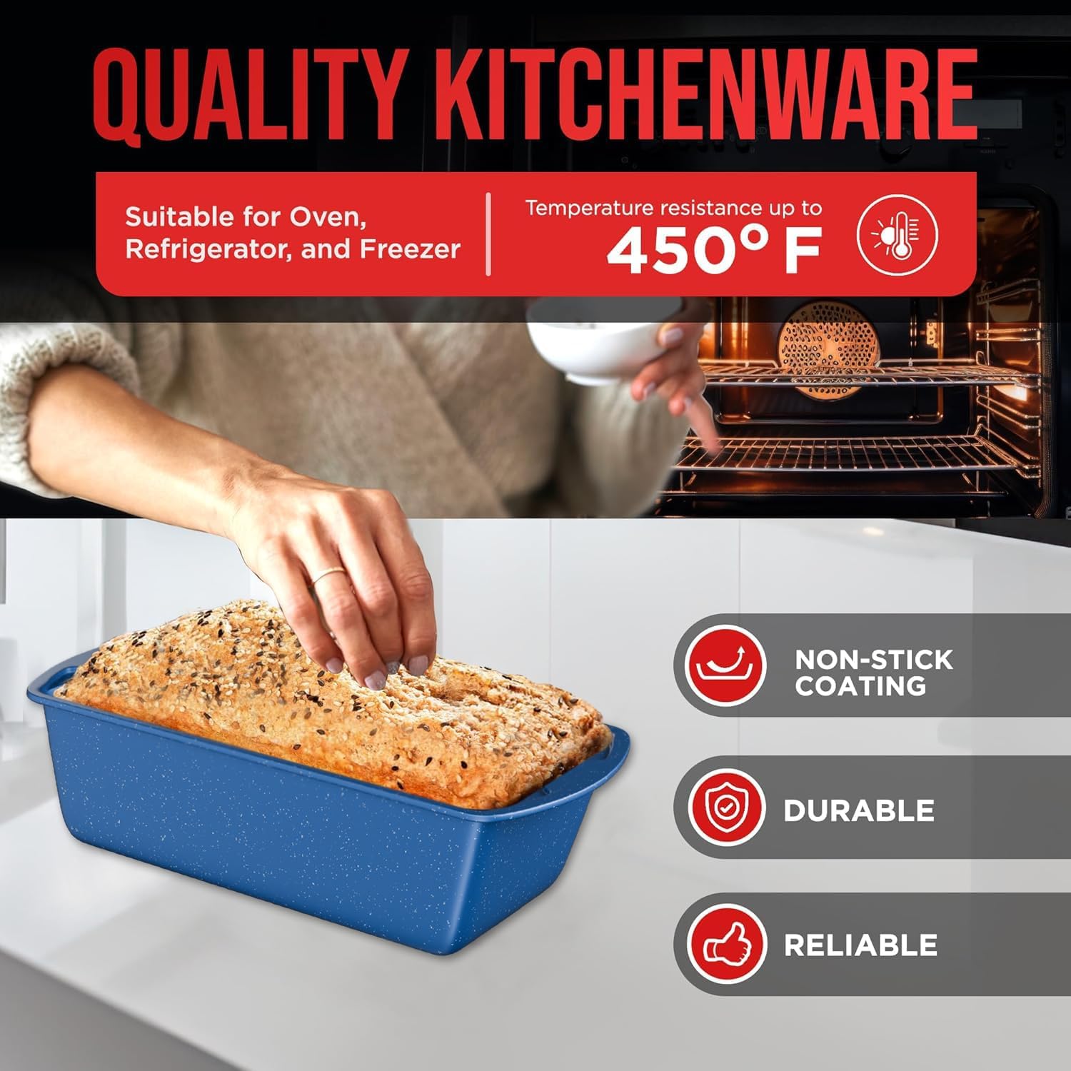 Nonstick Loaf Pan Set Pack of 1, Carbon Steel 11" Large Baking Bread Pan, Oven Safe Up to 450°F, PFOA, PFOS, PTFE Free, Space Saving Stackable Design, Stain Resistant, Dishwasher Friendly, Blue Marble