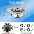 SELLO 3 in 1 Kitchen Sink Drain Strainer, 304 Stainless Steel Pop-Up Sink Stopper with Filter Basket, Anti-Clogging Sink Drain Strainer for 3-1/2''Drain Hole of US Standard Kitchen Drain