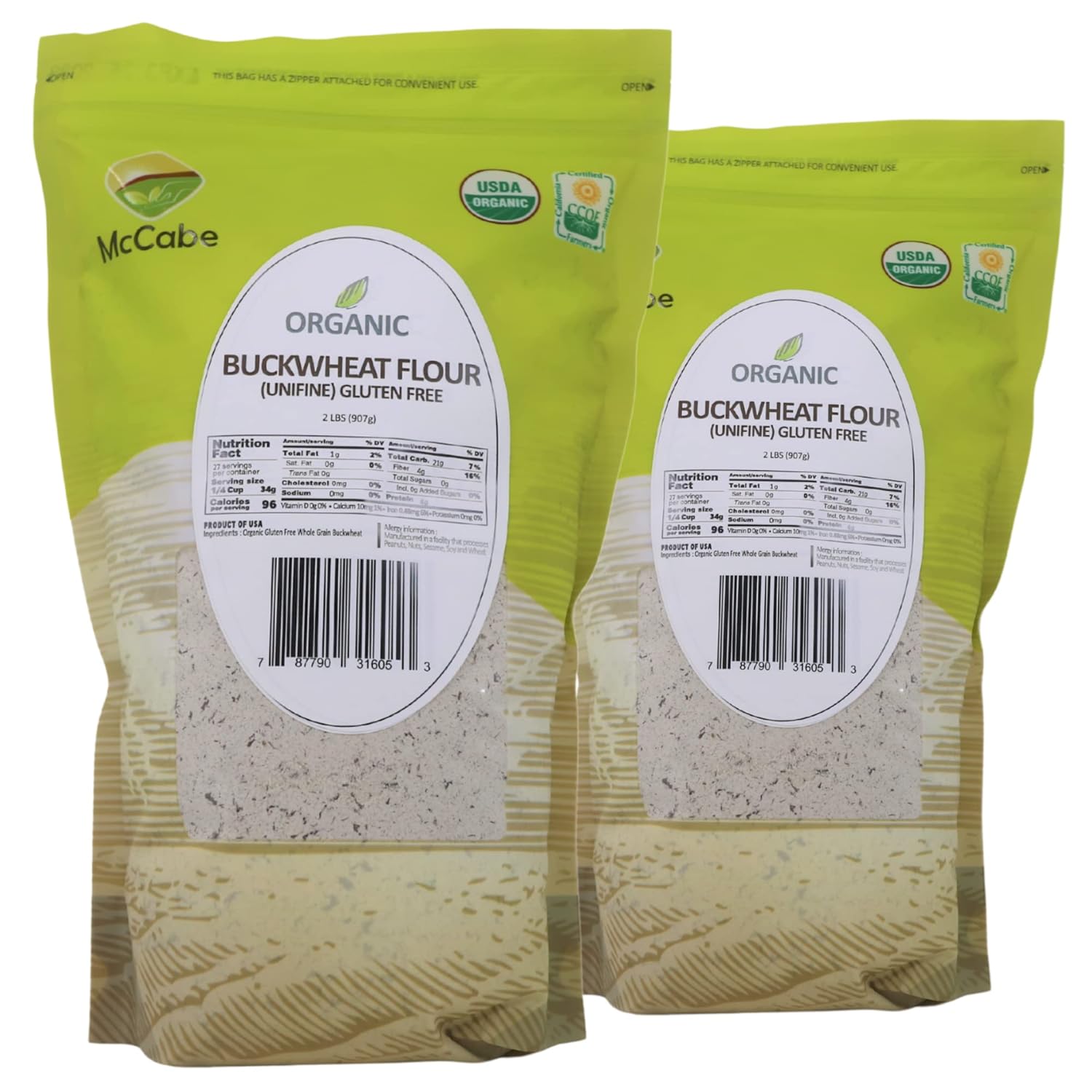 McCabe Organic Buckwheat Flour - Buckwheat Flour Organic | Rich with Fiber & Minerals | USDA and CCOF Certified | Packed in USA | 2Lbs (Pack of 2)