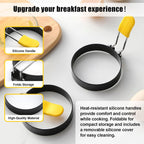 4 Pack Fried Egg Molds Round Stainless Steel Fried Egg Ring with Silicone Handle Perfect for Making Breakfast Sandwiches, Burgers, Pancakes Suitable for Home or Breakfast Carts (3 inch）