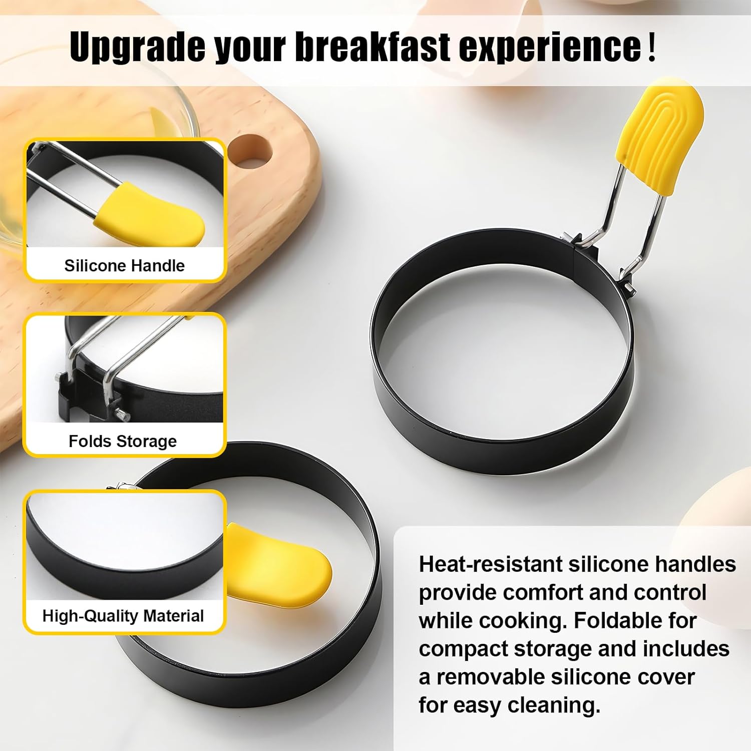4 Pack Fried Egg Molds Round Stainless Steel Fried Egg Ring with Silicone Handle Perfect for Making Breakfast Sandwiches, Burgers, Pancakes Suitable for Home or Breakfast Carts (3 inch）