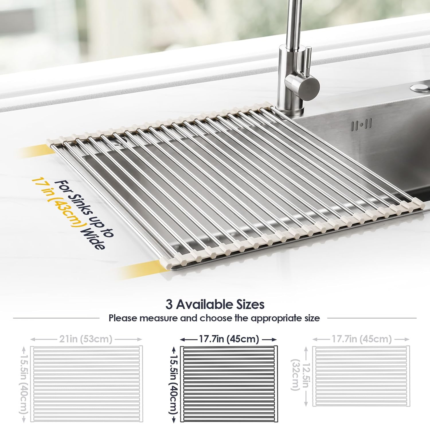 Tomorotec 17.7" x 15.5" Roll Up Dish Drying Rack Over Sink Drying Rack Sink Cover Kitchen Sink Accessories Gadget Multipurpose Organizer Foldable Stainless Steel Drainer