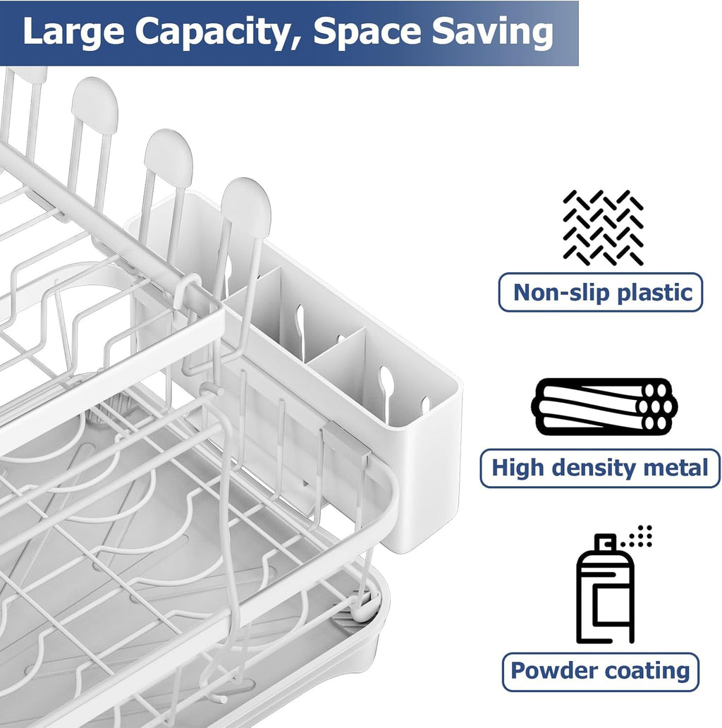 Dish Drying Rack 2-Tier Dish Racks for Kitchen Counter, Adjustable Spout Auto-Draining Dish Rack, Large Capacity for Plates, Bowls, Cups, Tableware，Dish Drainer with Drainboard,White