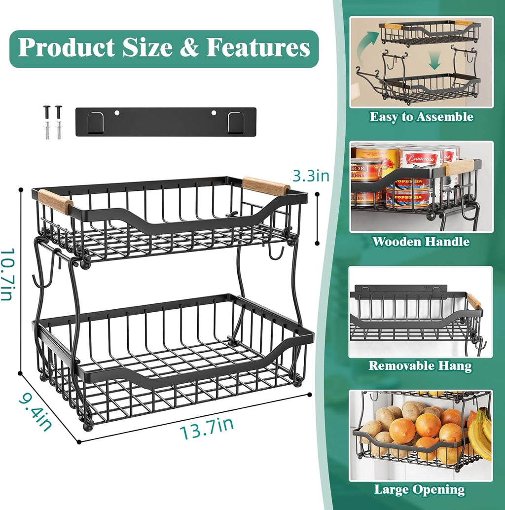 Giwil 2 Tier Countertop Fruit Basket for Kitchen, Vegetable Storage Bread Fruit Bowl Stand with 2 Banana Hangers, Wall Mounted Metal Wire Basket Organizer for Potato Onion, Black