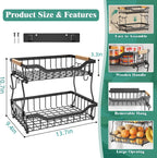 Giwil 2 Tier Countertop Fruit Basket for Kitchen, Vegetable Storage Bread Fruit Bowl Stand with 2 Banana Hangers, Wall Mounted Metal Wire Basket Organizer for Potato Onion, Black