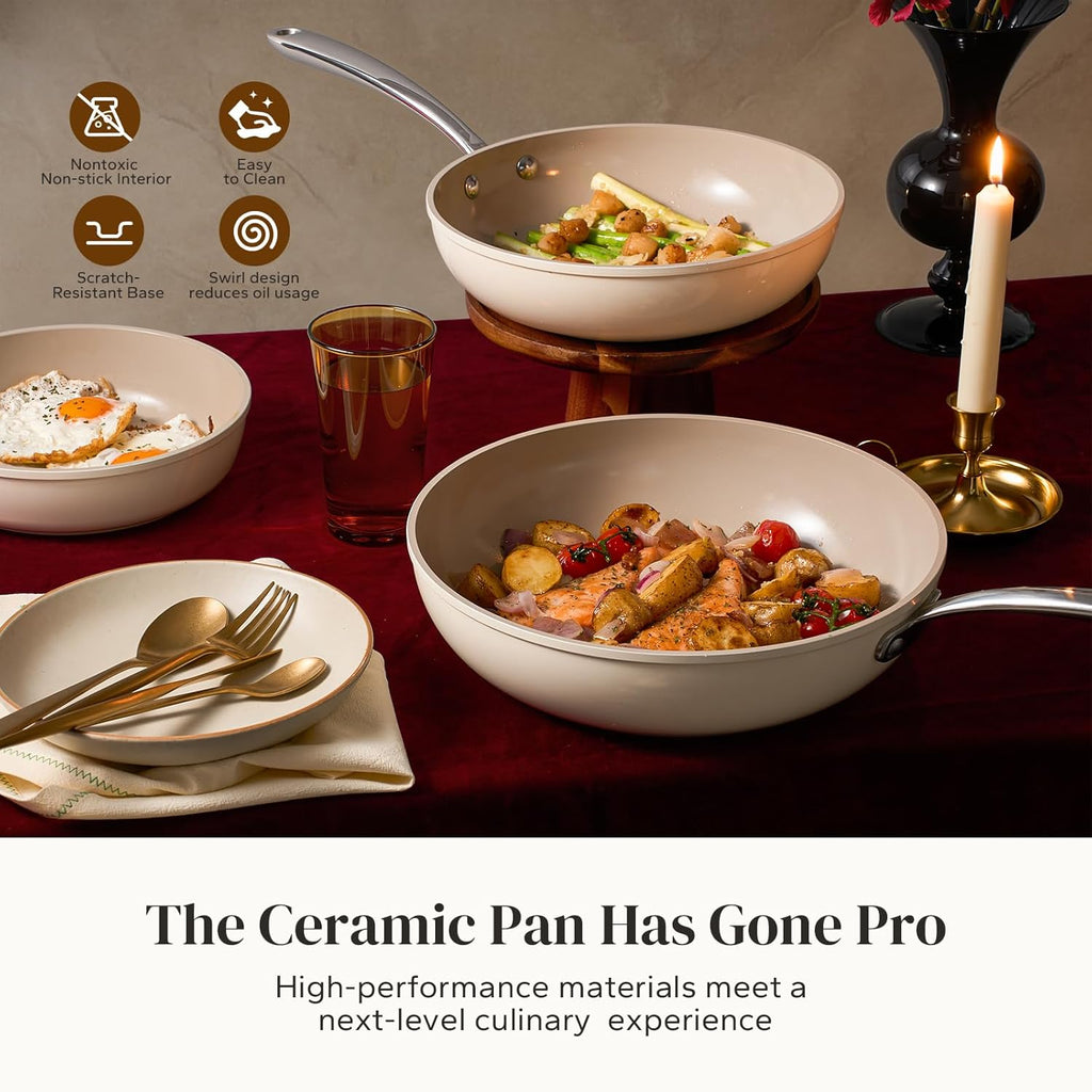 Redchef Ceramic Deep Saute Pan with Lid, Large Jumbo Cooker 3.5QT, 11" Frying Pan Nonstick with Stay Cool Handle, Non Toxic Cooking Skillet, Kitchen, Induction Dishwasher Safe, PFOA & PFAS Free(Beige)
