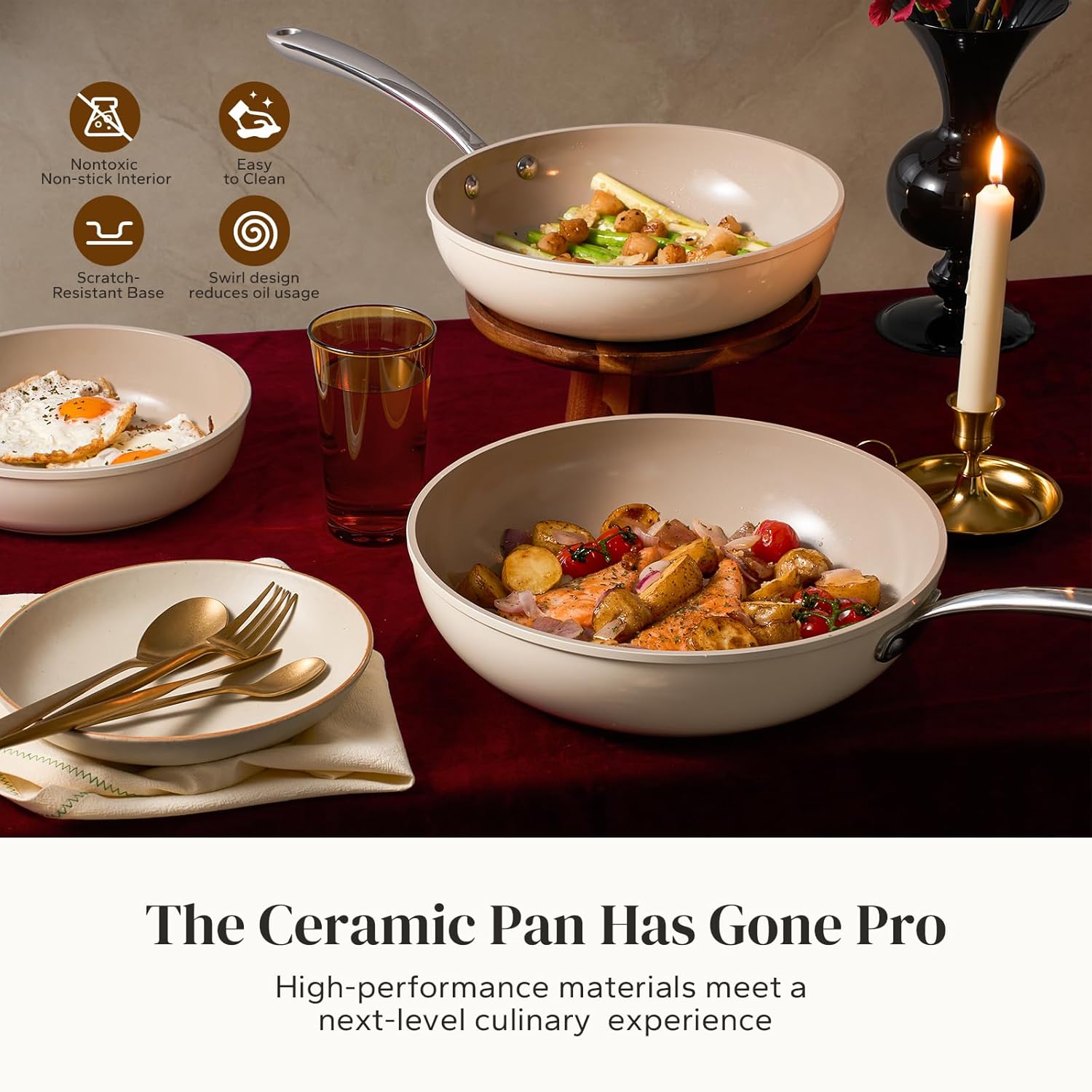 Redchef Ceramic Deep Saute Pan with Lid, Large Jumbo Cooker 3.5QT, 11" Frying Pan Nonstick with Stay Cool Handle, Non Toxic Cooking Skillet, Kitchen, Induction Dishwasher Safe, PFOA & PFAS Free(Beige)