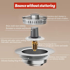 Kitchen Sink Drain Strainer，Upgraded 304 Stainless Steel 3 in 1 Pop-up Sink Drain Strainer Kitchen Drain Strainer Cover and Sink Stoppers Combo，Standard 3-1/2 in Hole