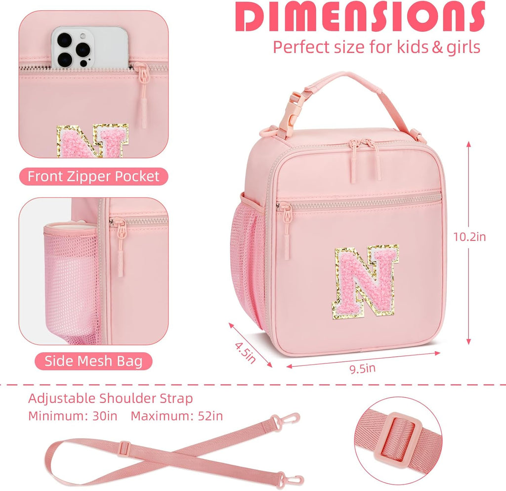 Initial Insulated Lunch Bag for Girls Kids, Back to School Gift, Reusable Leak-proof Lunch Box with Adjustable Strap for School Daycare Travel Picnic (Pink,N)
