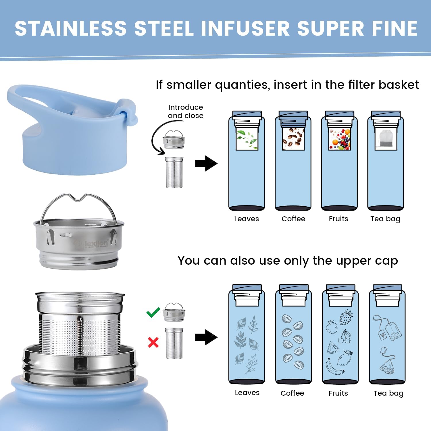 Lexlion 32 Oz Triple Walled Insulated Stainless Steel Fruit Infuser Bottle - Tea Infuser Water Bottle with 3 Lids, Silicone Sleeve, Leakproof, Metal Mug Gallon
