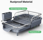 SNTD Dish Drying Rack, Expandable Dish Rack for Kitchen Counter, Stainless Steel Dish Drainer with Drainboard Set and Utensil Holder (Gray)