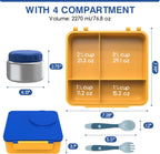 Bento Box for Kids - Leak-Proof Lunch Box with Insulated Thermos Food Jar - 4 Compartments, 1 Removable Divider, 1Spoon, 1 Fork - Dishwasher Safe, BPA-Free (Blue)