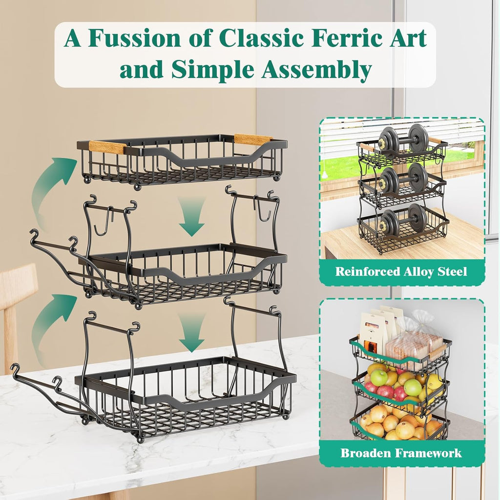 Giwil 3 Tier Countertop Fruit Basket for Kitchen, Vegetable Storage Bread Fruit Bowl Stand with 2 Banana Hooks, Wall Mounted Metal Wire Basket Organizer for Potato Onion, Black