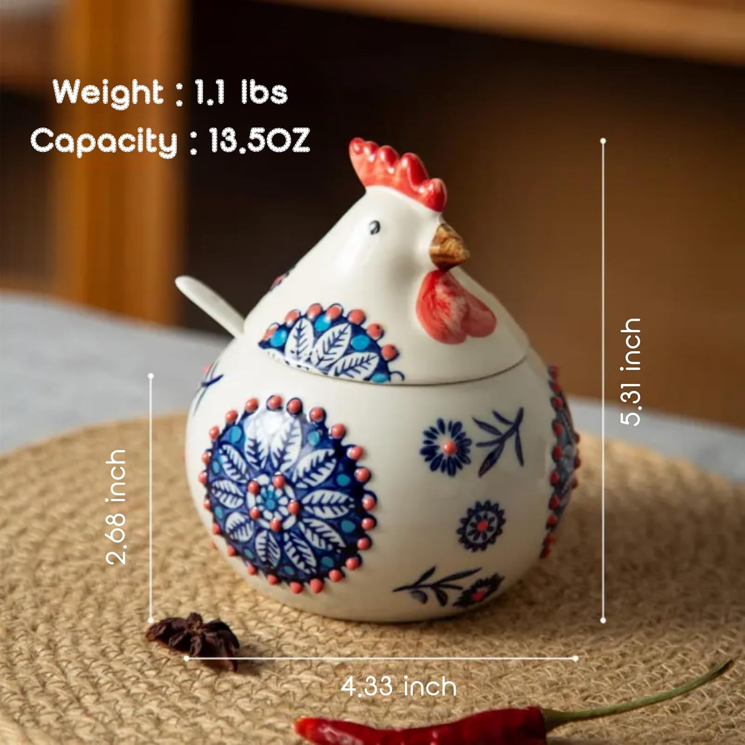 13.5 Oz Salt Cellar With Lid and Spoon (Blue)- Ceramic Chicken Spice Jars for Salt, Sugar, Pepper - Spice Containers for Countertop