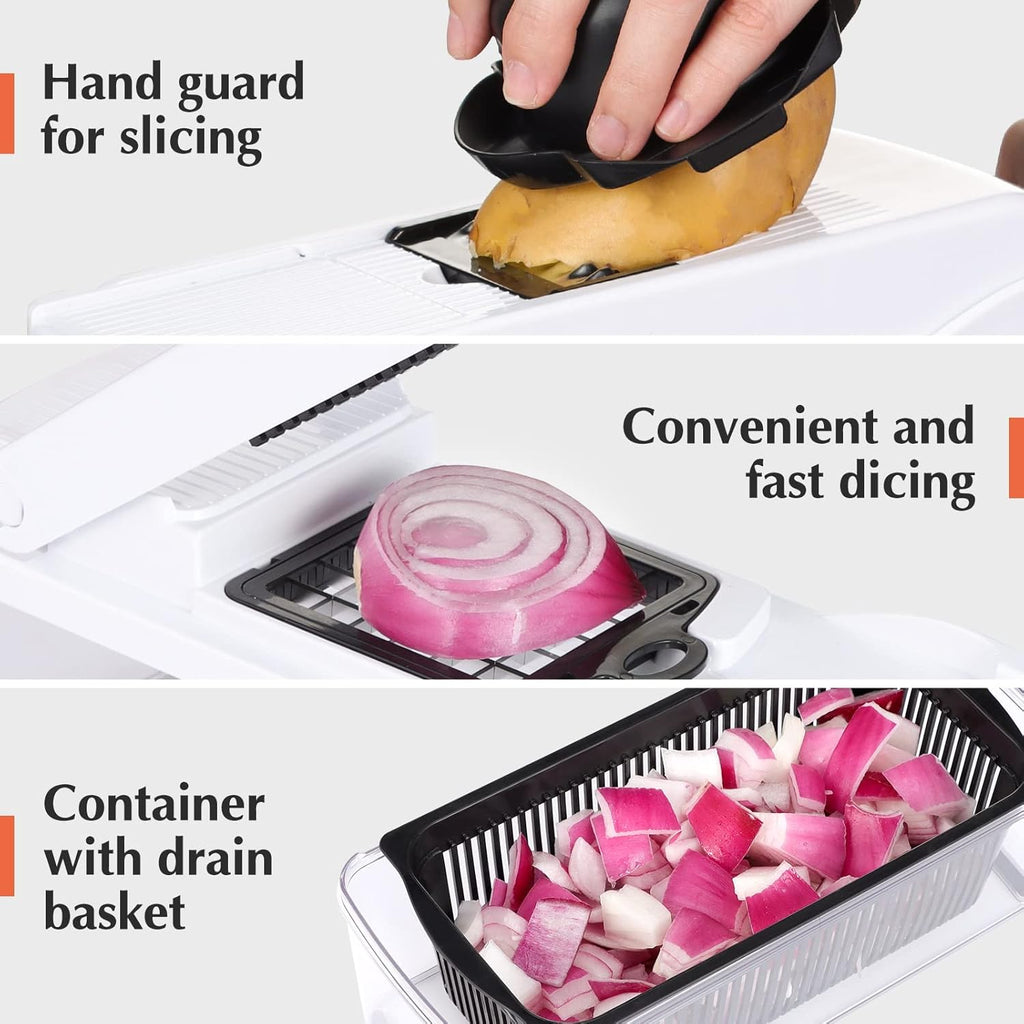 KEOUKE Vegetable Chopper Mandoline Slicer Pro - 16 in 1 Interchangeable Blades Food Chopper with Container, Hand Guard & Drainer, Veggie Dicer Spiralizer Kitchen Gadget for Onion, Cucumber, Fruit