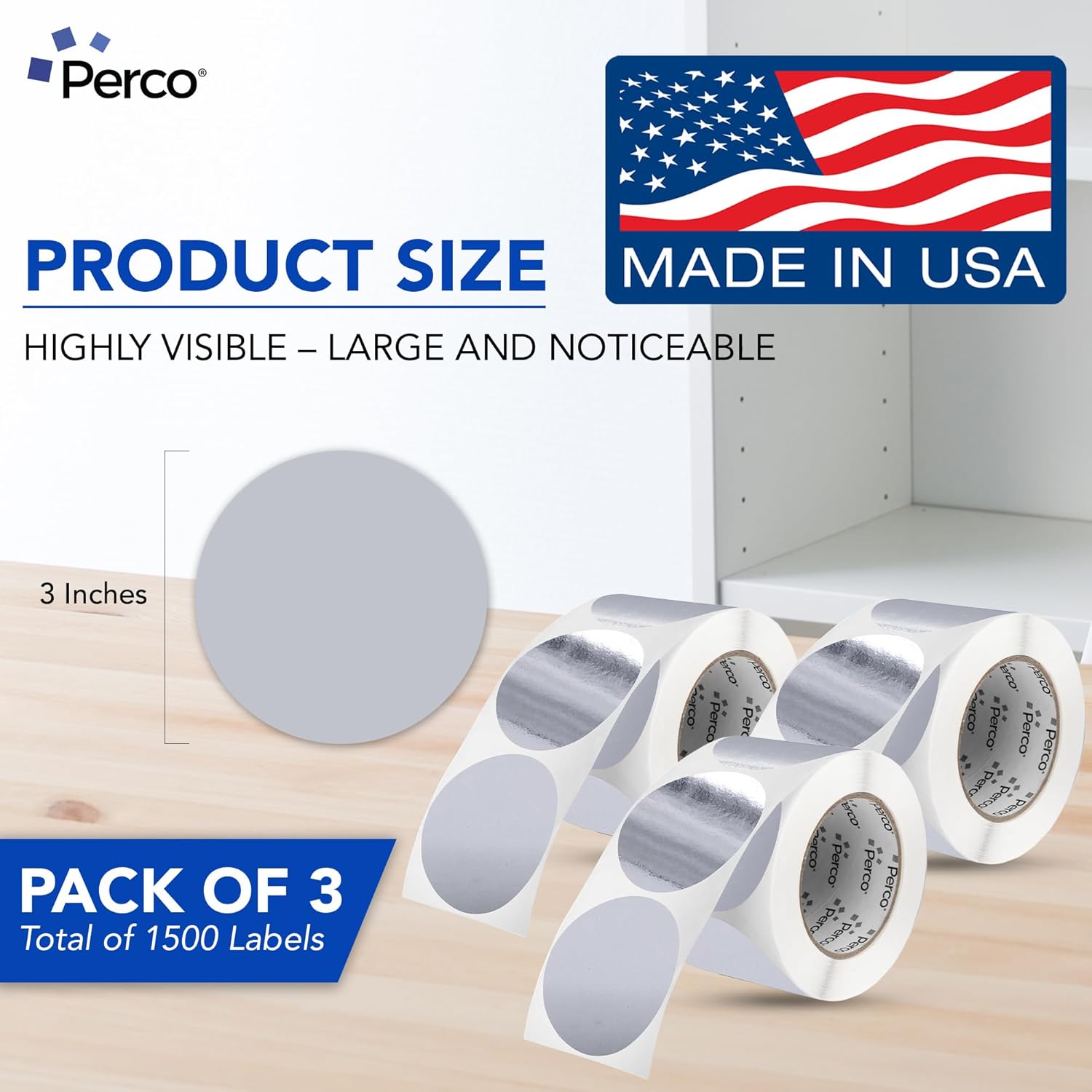 Perco Metallic Silver 3" Round Circle Dot Sticker Labels for Wedding Invitations - Multi-Roll Pack (3 Rolls, 500 Labels Each) - Permanent Adhesive, Vibrant Colors, Perforated for Easy Use, Made in USA