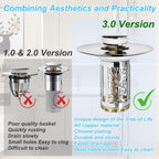 Bathroom Sink Drain Stopper, Bathroom Sink Drain Strainer with Pop Up and Removable Hair Catcher Basket, Universal for 1.06 to 1.6in Sink Drain, Chrome Silver