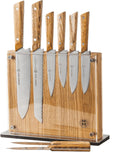 Schmidt Brothers - 9-Piece Natural White Oak Hex Knife Set, High-Carbon Stainless Steel Cutlery with Natural White Oak and Acrylic Magnetic Knife Block