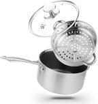 KOCH SYSTEME CS Hybrid Nonstick Stainless Steel Sauce Pan with Steamer Insert, 18/10 Steel 2QT Sauce Pan with Lid, Triple Stainless Steel Pot with Honeycomb Interior, Induction Compatible & Oven Safe
