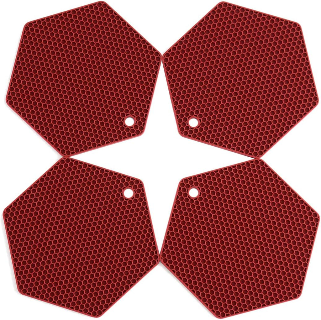 4 Packed Silicone Trivet Mats - DIY Different Size Dish Drying Mat, Hot Pot Holder for Pots & Pans, Non-Slip & Heat Resistant Kitchen Hot Pads for Countertops & Table,Merolet Red
