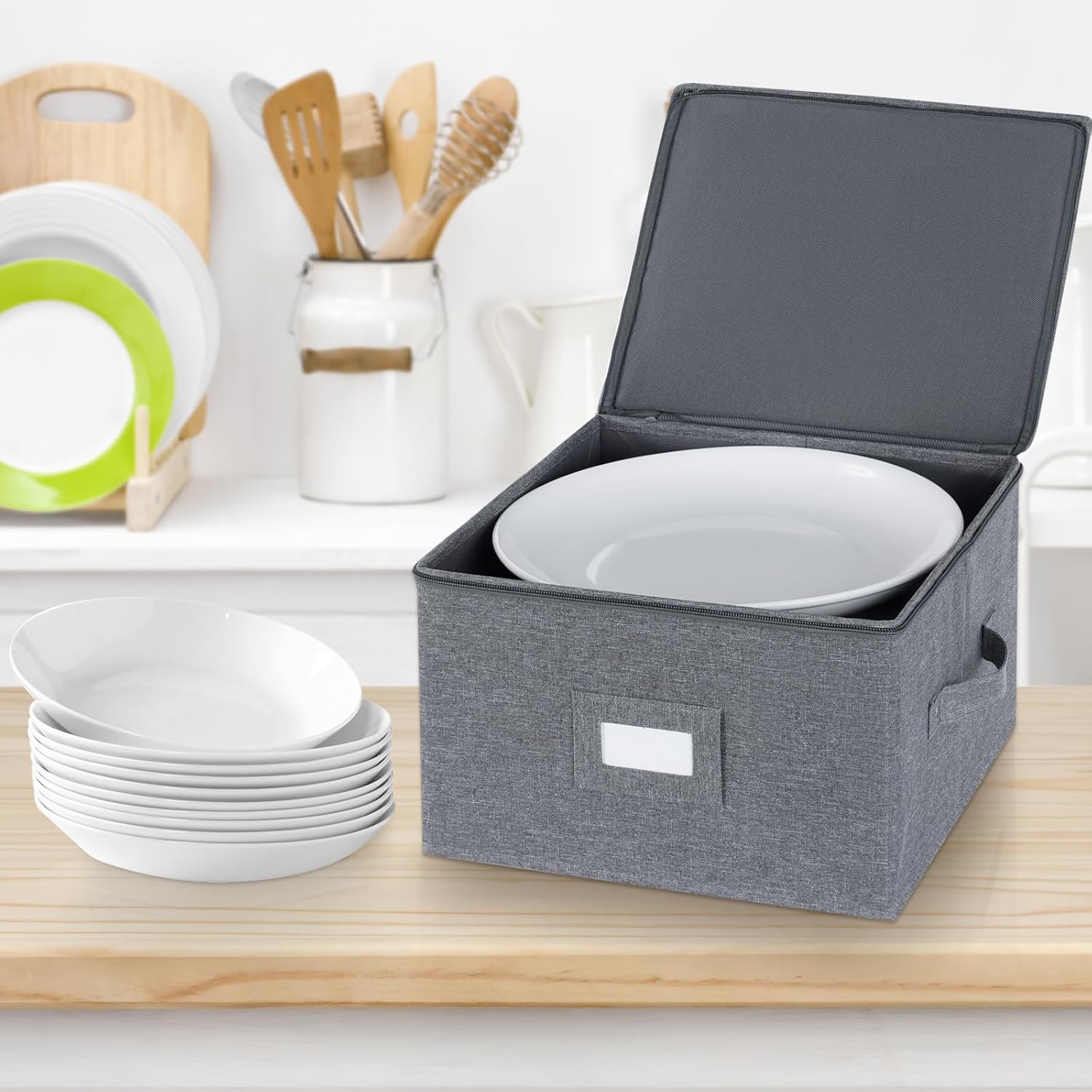 popoly China Storage Containers Inside 12" W x 8" H, Dinnerware Storage Box for Dishes Plate Storage with 24 Felt Dividers, Hold 24 Plates, Hard Shell and Stackable（4PACK