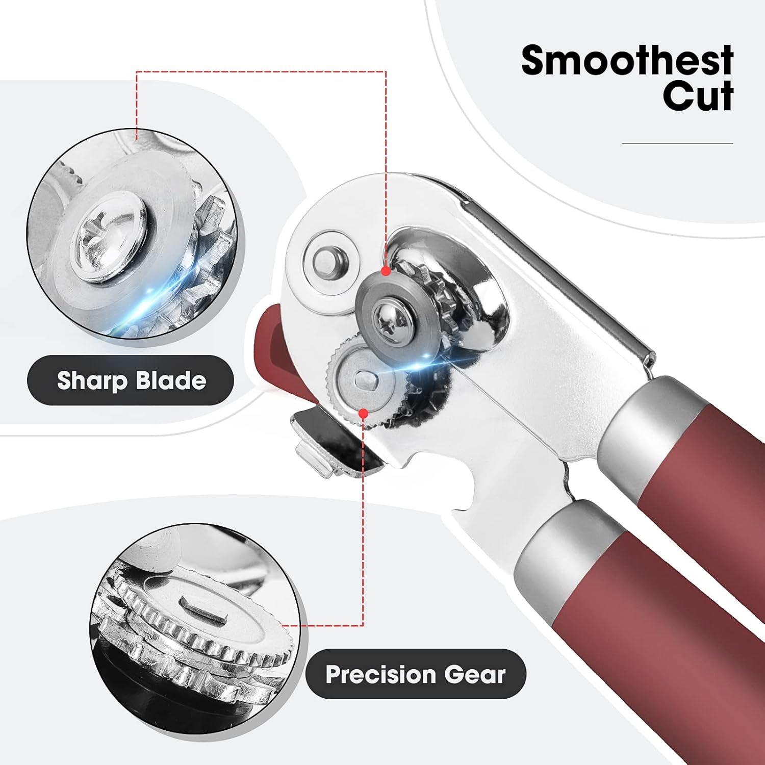 Beneno Can Opener Manual with Magnet, Hand Held Heavy Duty Can Opener with Durable Sharp Blade Smooth Edge, Big Effort-Saving Knob, Soft Grip Rubber Handle, Multifunctional Bottle Opener, Red