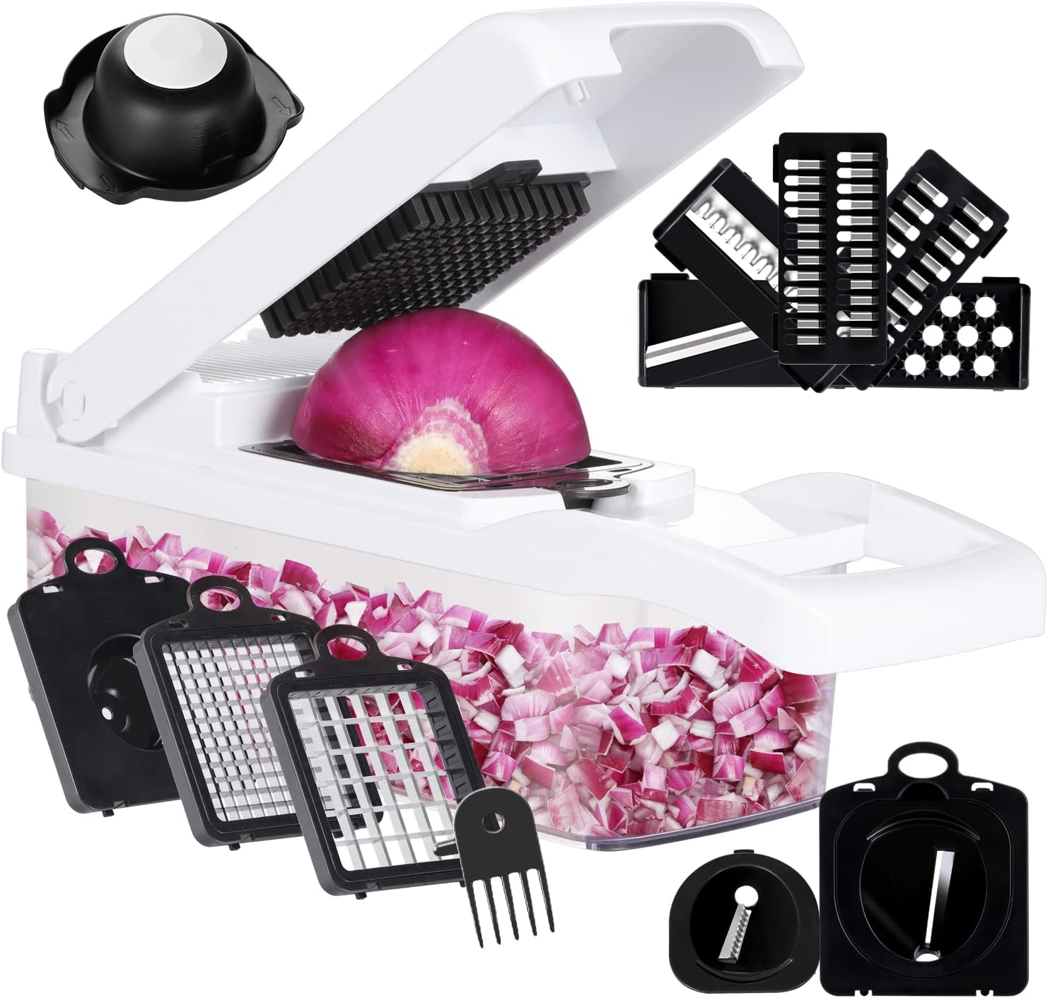 KEOUKE Vegetable Chopper Mandoline Slicer Pro - 16 in 1 Interchangeable Blades Food Chopper with Container, Hand Guard & Drainer, Veggie Dicer Spiralizer Kitchen Gadget for Onion, Cucumber, Fruit