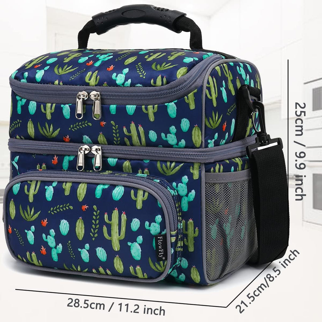 FlowFly Double Layer Cooler Insulated Lunch Bag Adult Lunch Box Large Tote Bag for Men, Women, With Adjustable Strap,Front Pocket and Dual Large Mesh Side Pockets