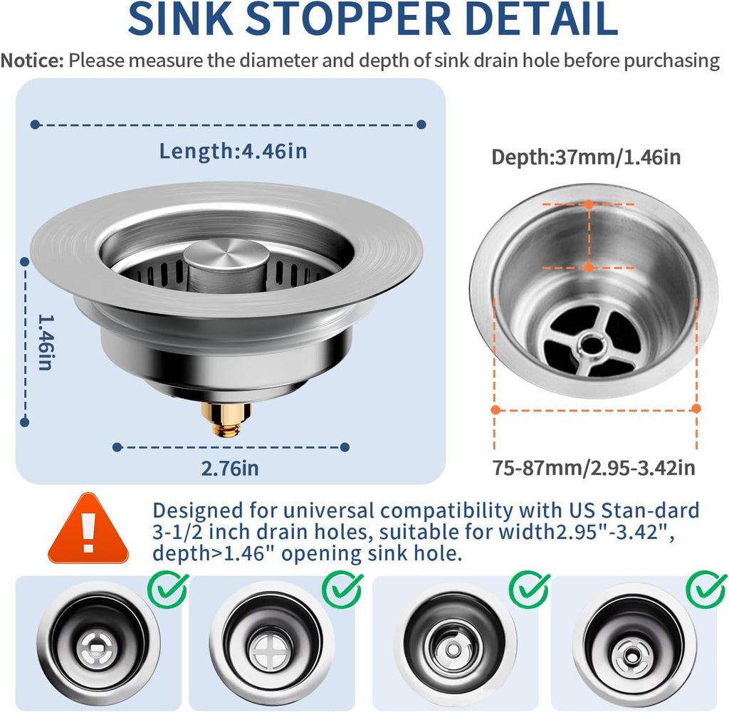 3-in-1 Kitchen Sink Drain Strainer - Pop Up Sink Stopper, Stainless Steel Sink Drain Strainer, Kitchen Sink Stopper & Drain Plug with Anti-Clogging Basket,Sink Strainer Fits US Standard 3-1/2'' Drains