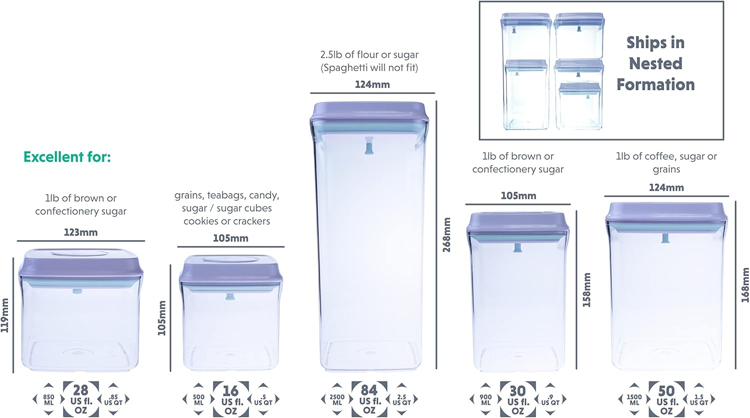 BopTop (5pc Set) Airtight Food Storage Container – Mechanical Silicone Seal Canister - BPA-Free Stackable - 2.5Qt/1.5Qt/.9Qt/.85Qt/.5Qt