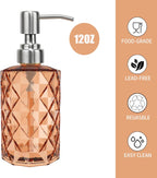 12Oz Amber Glass Soap Dispenser with Stainless Steel Pump, Refillable Kitchen Liquid Hand Soap Dispenser with Diamond Design, for Dispense Hand soap, Dish Soap, Lotion, Bathroom, Countertop, Hotel