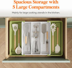 Lifewit Utensil Organizer for Kitchen Drawers, Expandable Cooking Utensil Tray, Adjustable Cutlery Silverware Flatware Holder, Spatula Tools and Gadgets Storage Divider, 13"-22.4" x 15", Green&White