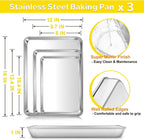 E-far Baking Cookie Sheet Pan Set of 3, 16/12.4/10.4 Inch, Stainless Steel Baking Pans Set for Oven, Rectangle Baking Tray for Cooking Roasting, Non Toxic & Easy Clean, Dishwasher Safe