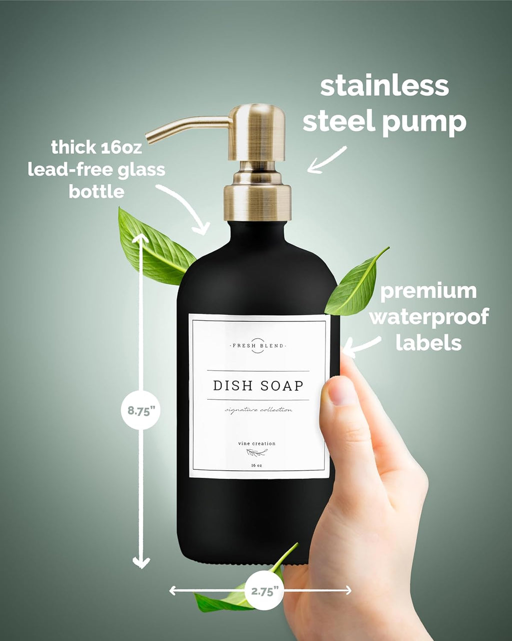 Vine Creations Black Glass Soap Dispenser, 2 Pack Kitchen Soap Dispenser Set with Stainless Steel Pump, 16 oz Dish Soap and Hand Soap Dispensers for Bathroom with Waterproof Labels