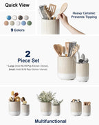 LE TAUCI Utensil Holder, 7.3"+5.4" Ceramic Kitchen Utensil Holder for Countertop, Large Cooking Utensil Crocks Gift for Mom, Boho Farmhouse Kitchen Decor, Set of 2, Reactive Glaze Arctic White