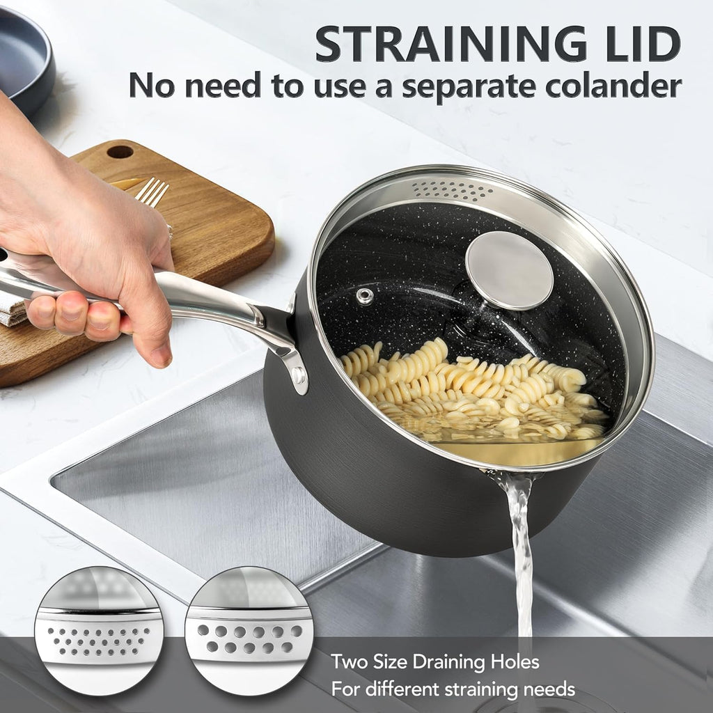 MICHELANGELO 3 Quart Saucepan with Lid, Hard Anodized Nonstick Sauce Pan with Strainer Lid & Pour Spouts for Easy Pour, Granite Derived Coating Sauce Pan for Cooking, Small Pot - 3 Qt Saucepan
