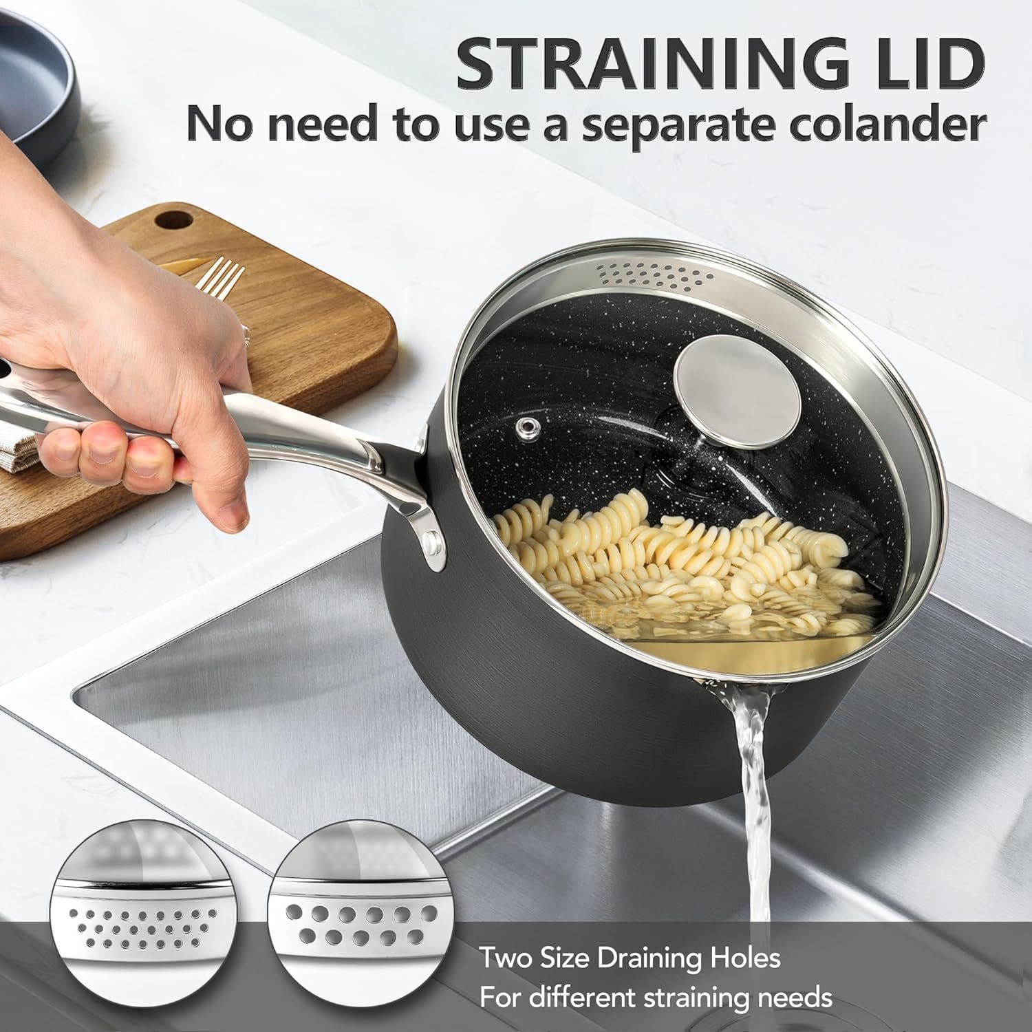 MICHELANGELO 3 Quart Saucepan with Lid, Hard Anodized Nonstick Sauce Pan with Strainer Lid & Pour Spouts for Easy Pour, Granite Derived Coating Sauce Pan for Cooking, Small Pot - 3 Qt Saucepan