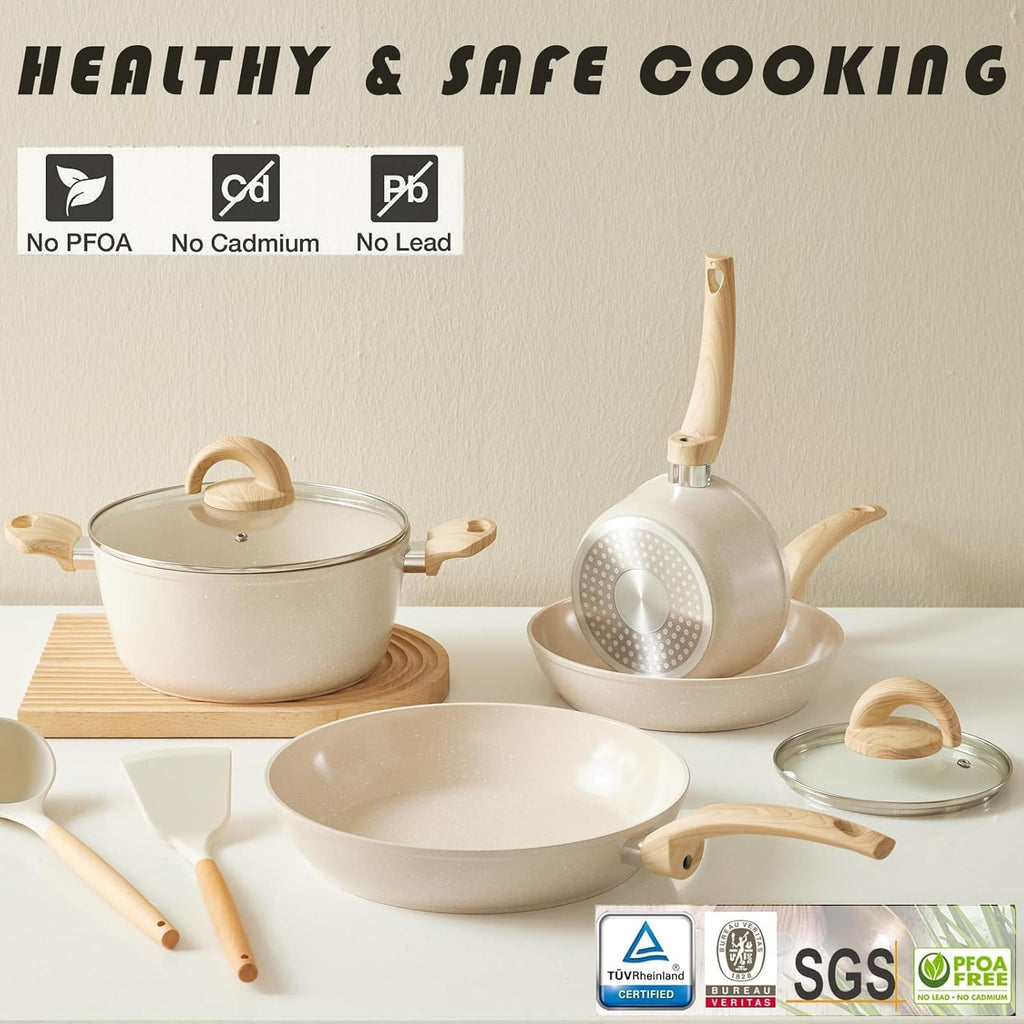 Non Stick Pots and Pans Set, Healthy Ceramic Cookware Set, 12pcs Kitchen Cooking Pots and Frying Sauce Saute Pans Set, PFAS-Free with Kitchen Utensils and Lid, Tan