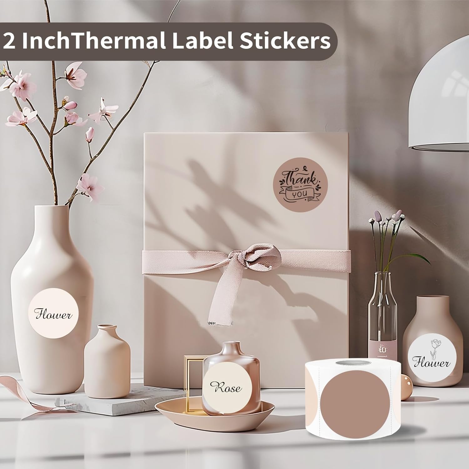 2 Inch Beige Gradient Round Thermal Label Printer Stickers, Self-Adhesive Direct Labels for DIY Logo Design, Name Tag (500 Labels/1 Roll)