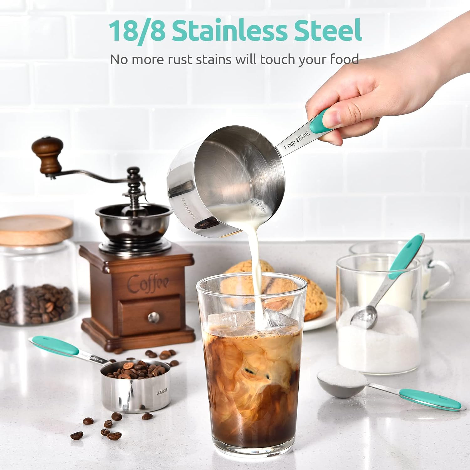 Measuring Cups and Spoons Set: U-Taste 18/8 Stainless Steel 12 Pieces Metal Stacking Kitchen Baking Cooking Food Measure Set 7 Cups 5 Spoons with Strengthened Weld Joints (Aqua Sky)