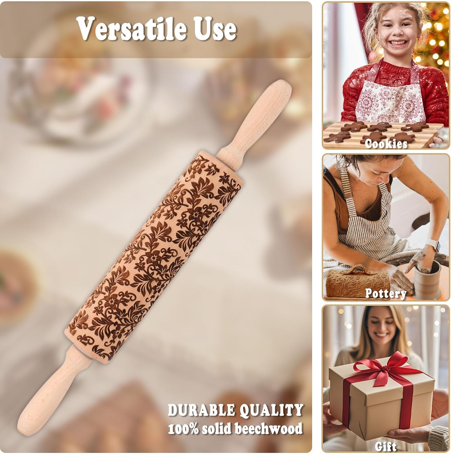 Floral Vine Embossed Rolling Pins for Cookies, Wooden Engraved Rolling Pins for Baking, Embossing Rolling Pins with Designs, Patterned Rolling Pin Decorative Springerle Mold Stamp Clay Pattern Roller