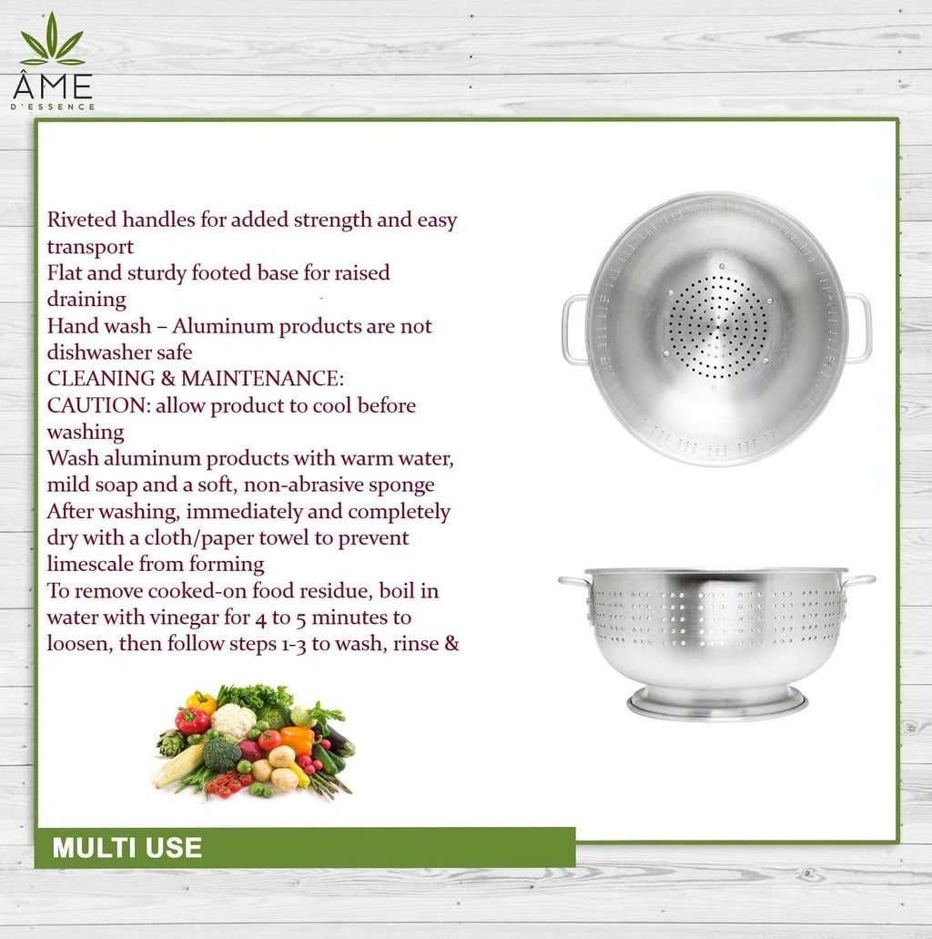 (12-QT) Aluminum Colander with Handles and Base Heavy Duty Commercial Grade