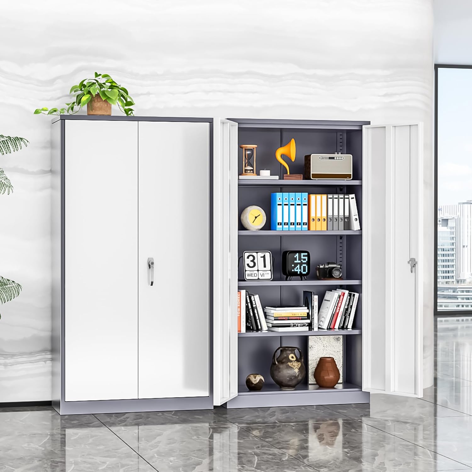 INTERGREAT Metal Garage Storage Cabinet, Black Lockable File Cabinet with 2 Doors and 4 Adjustable Shelves, Tall Steel Tool Cabinets for Office, Home, Garage, School, Gym