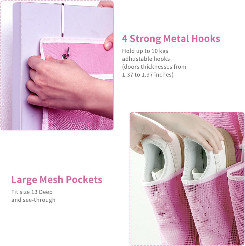35 Pockets Over the Door Shoe Organizer, Hanging Shoe Organizer for Door with 35 Mesh Pockets Large Capacity Shoe Hanging Storage Bag with 4 Metal Hooks (Pink-1Pack)