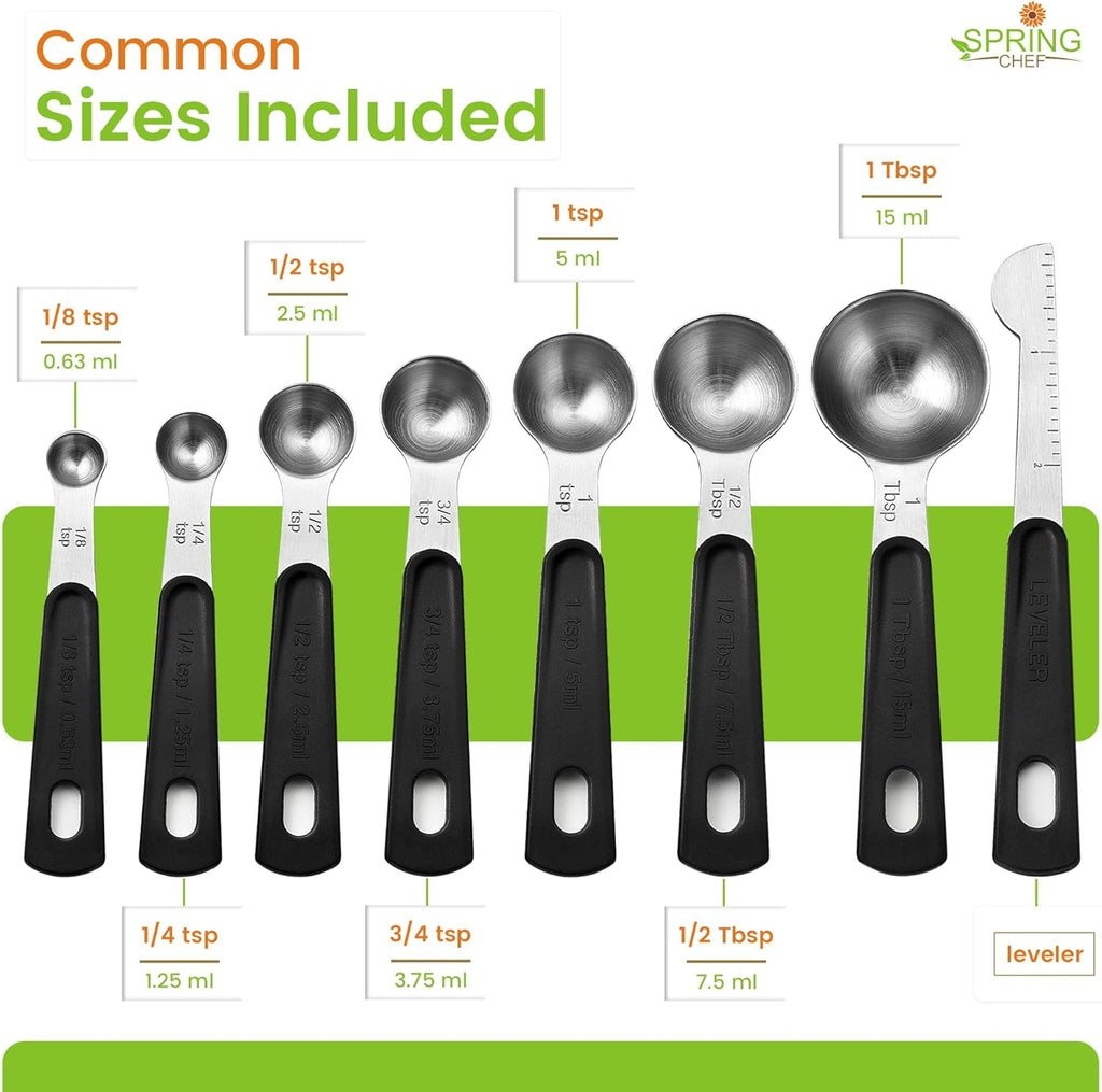 Spring Chef Stainless Steel Magnetic Measuring Spoons Set of 8 with Leveler, Round Metal Teaspoon & Tablespoon Measuring Spoons - Kitchen Gadgets For Baking and Cooking
