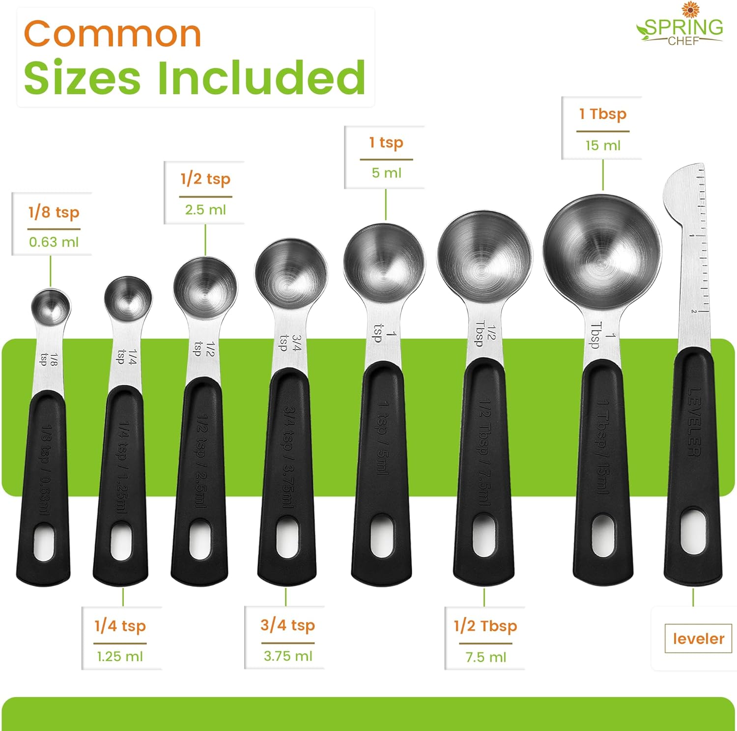 Spring Chef Stainless Steel Magnetic Measuring Spoons Set of 8 with Leveler, Round Metal Teaspoon & Tablespoon Measuring Spoons - Kitchen Gadgets For Baking and Cooking